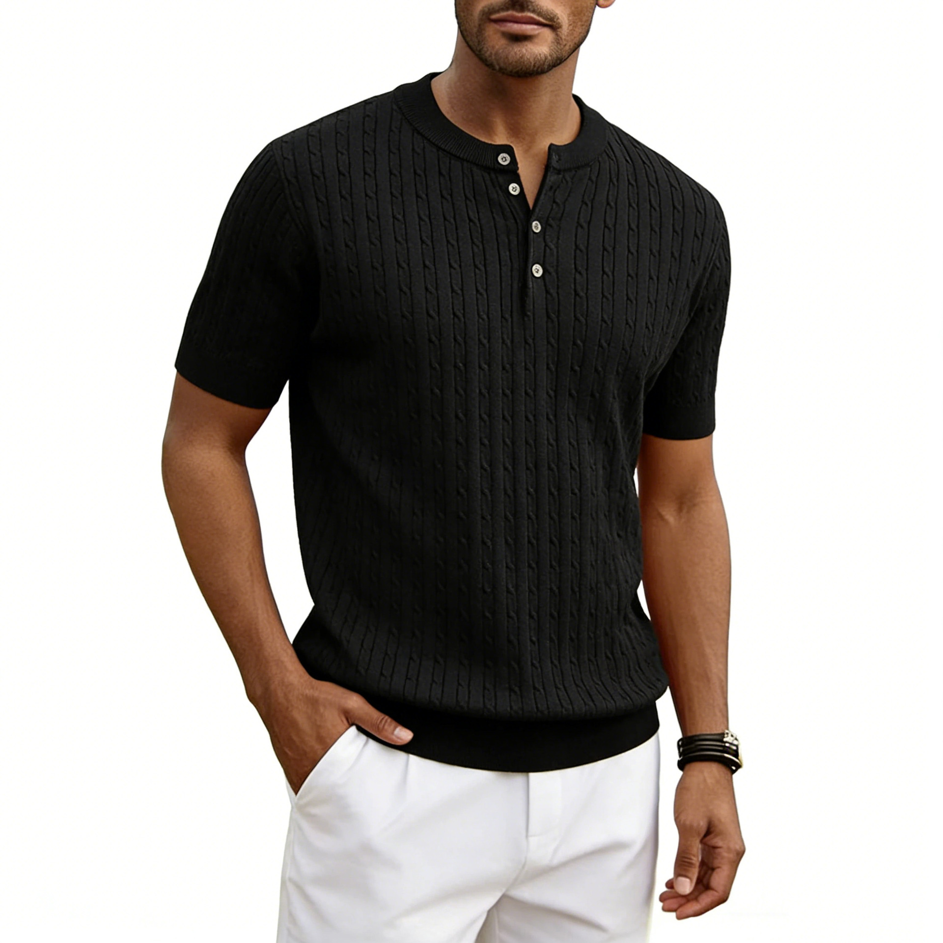 Men's Henry Collar Knit Sweater Short-sleeve T-shirt - Image 2