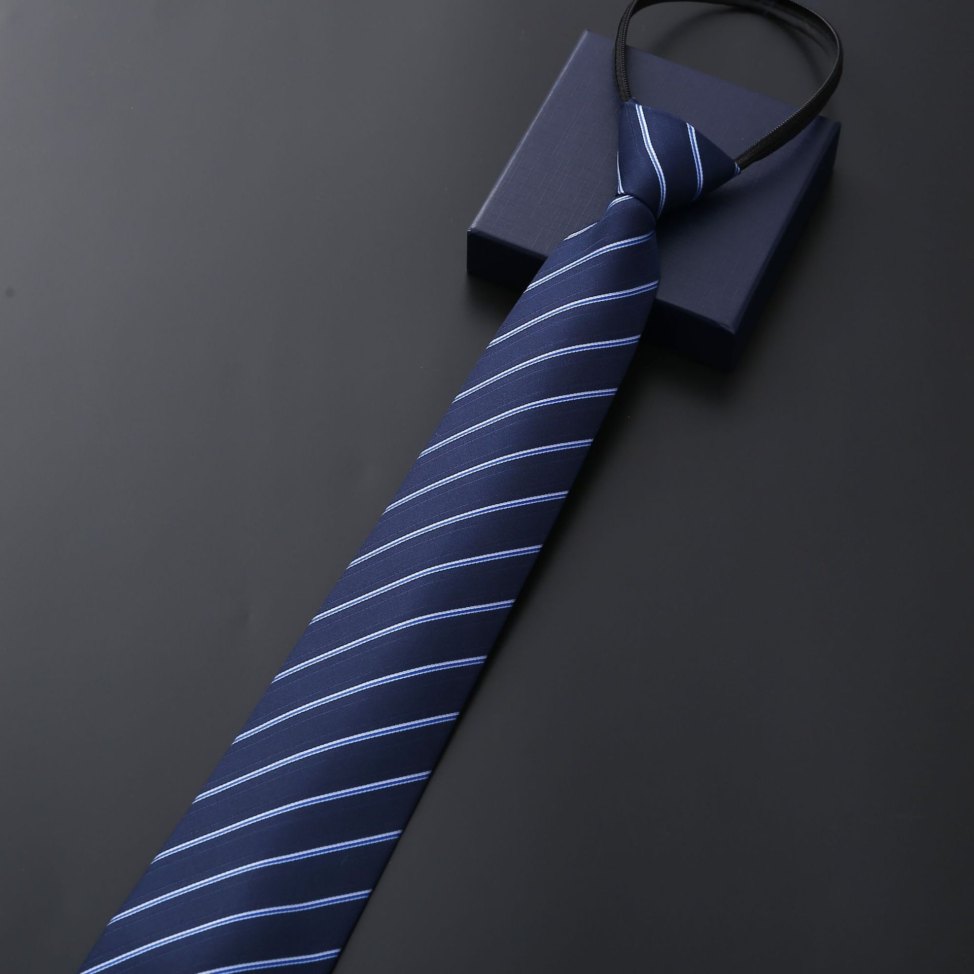 Mens Business Formal Zipper Tie With Blue Stripes - Image 5