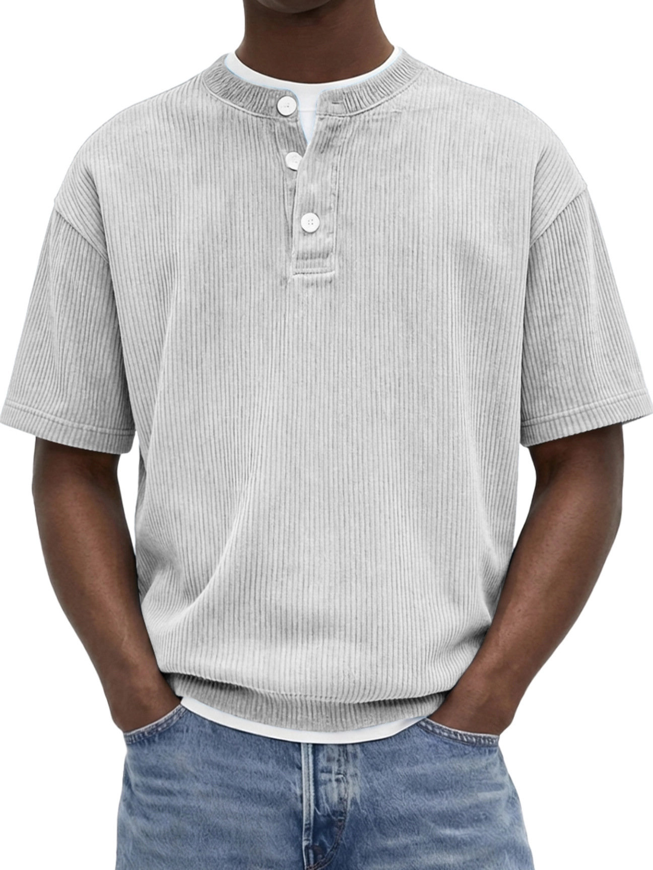 Summer New Mens Knitted T-shirt With Corduroy Short Sleeves - Image 6