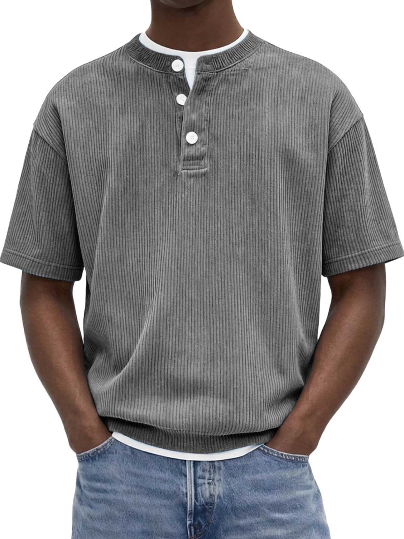 Summer New Mens Knitted T-shirt With Corduroy Short Sleeves - Image 7