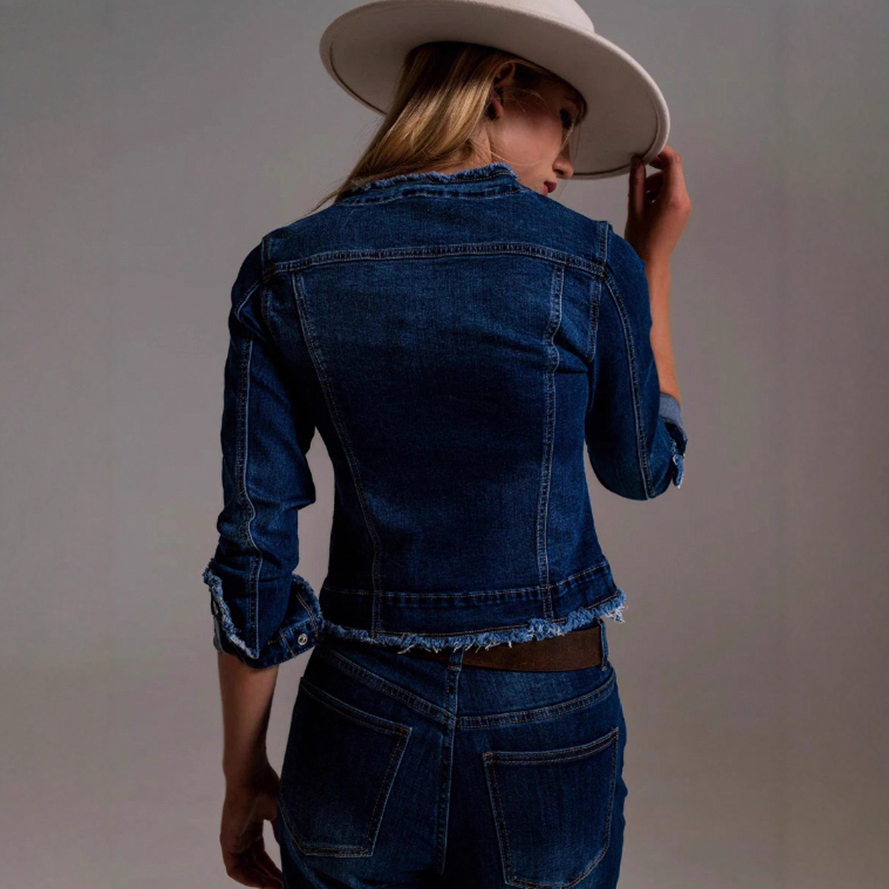 Dark Blue Denim Frayed-edge Jacket - Image 3