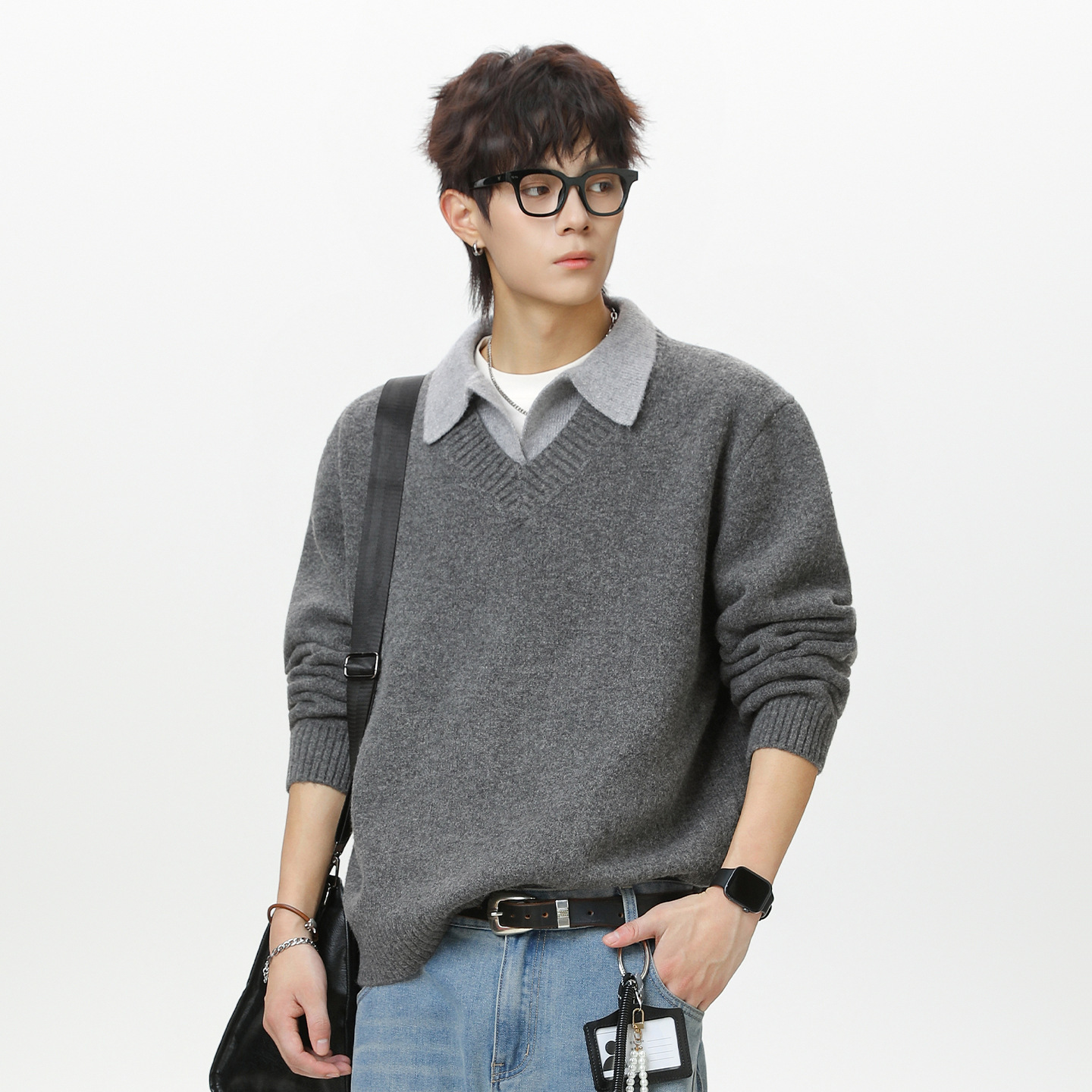 Old-money-style Faux Two-piece V-neck Polo Knit Sweater Jacket - Image 3