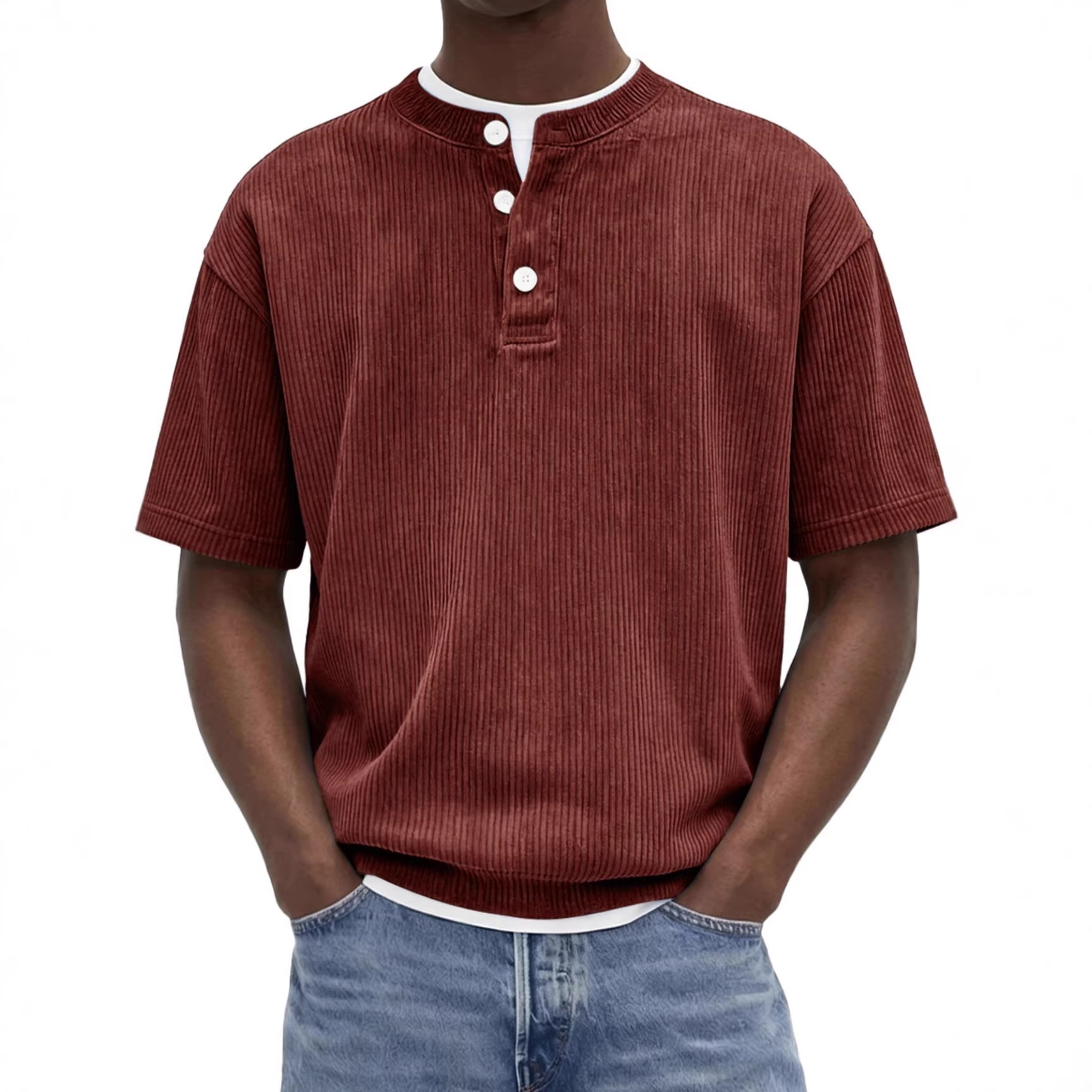 Summer New Mens Knitted T-shirt With Corduroy Short Sleeves - Image 2