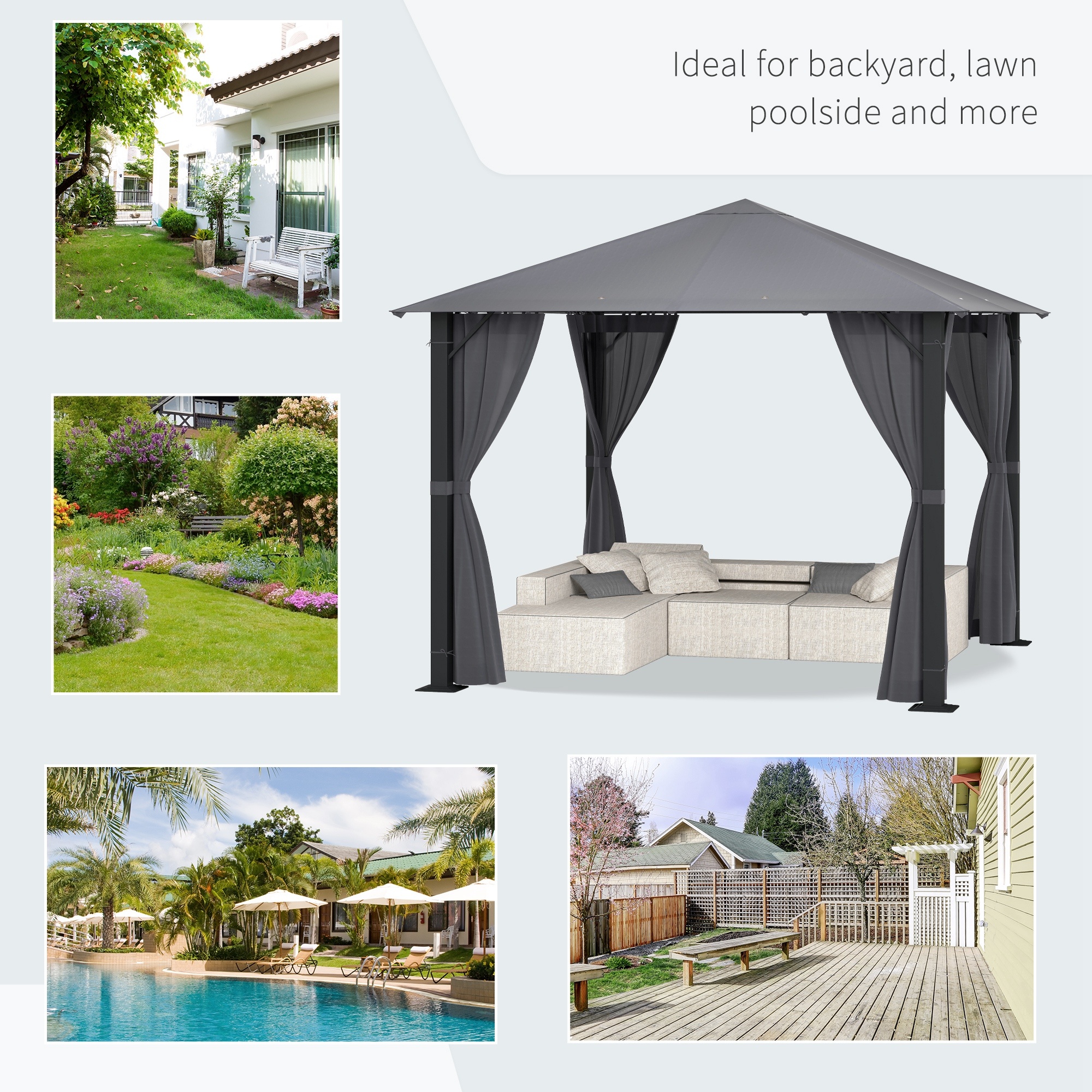 10 x 10 Patio Gazebo, Outdoor Gazebo Canopy Shelter with Netting & Curtains, Vented Roof, for Garden, Lawn, Backyard and Deck, Black - Image 7
