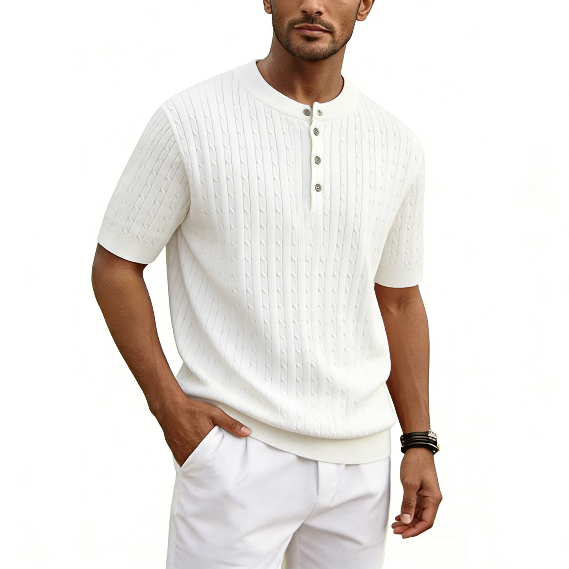 Men's Henry Collar Knit Sweater Short-sleeve T-shirt - Image 4