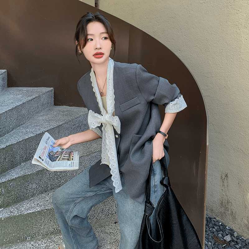 Lace-Panel Gray Casual Blazer - Image 4