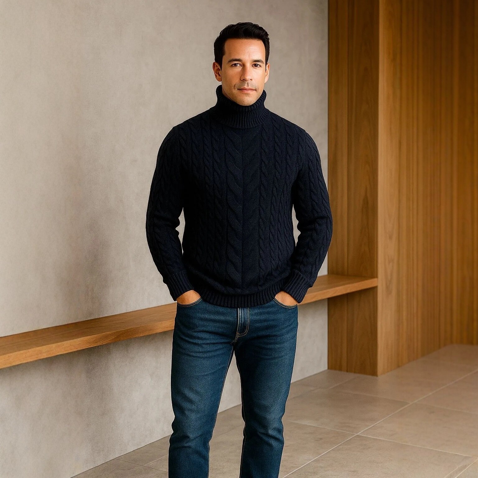 Mens Turtleneck Cable-Knit Sweater In Plus Sizes - Image 4