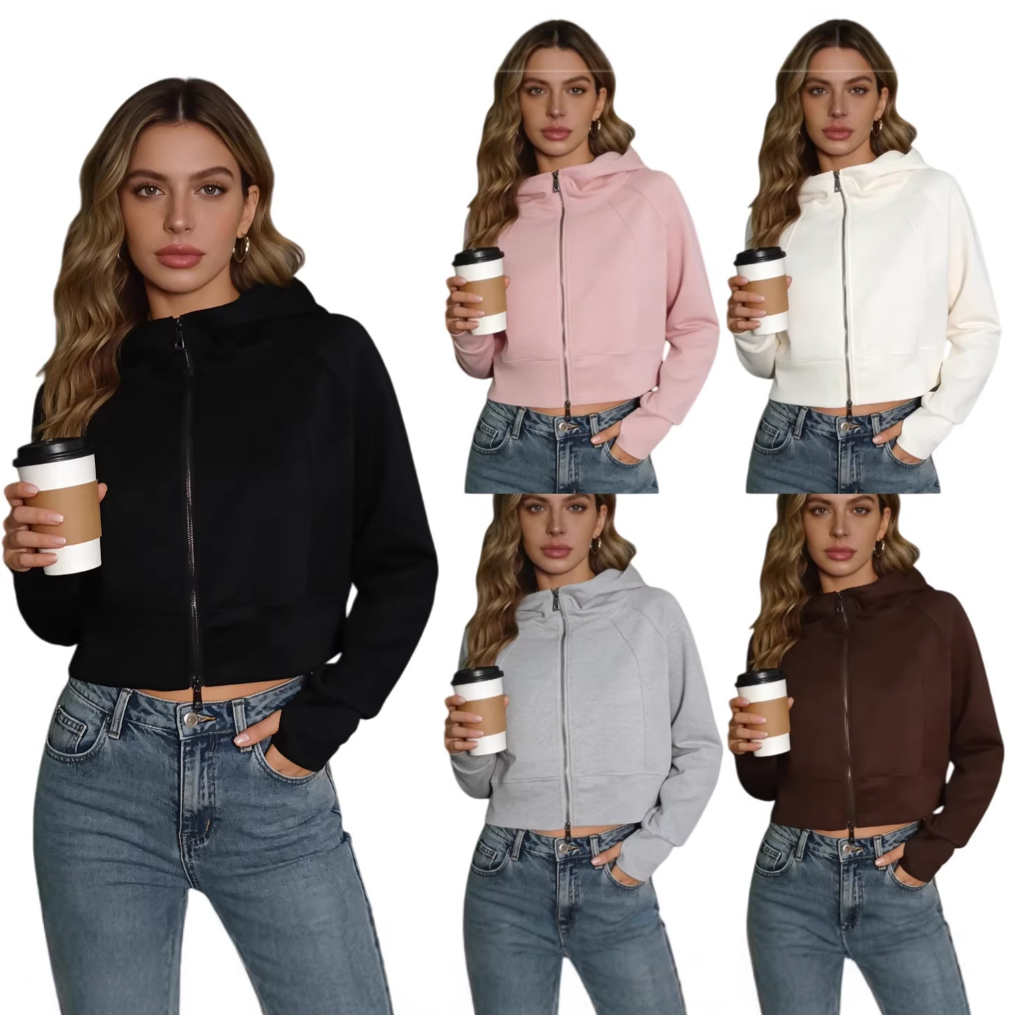 Retro Double Zip Hooded Fleece Lined Sweatshirt Short Cardigan Jacket - Image 10