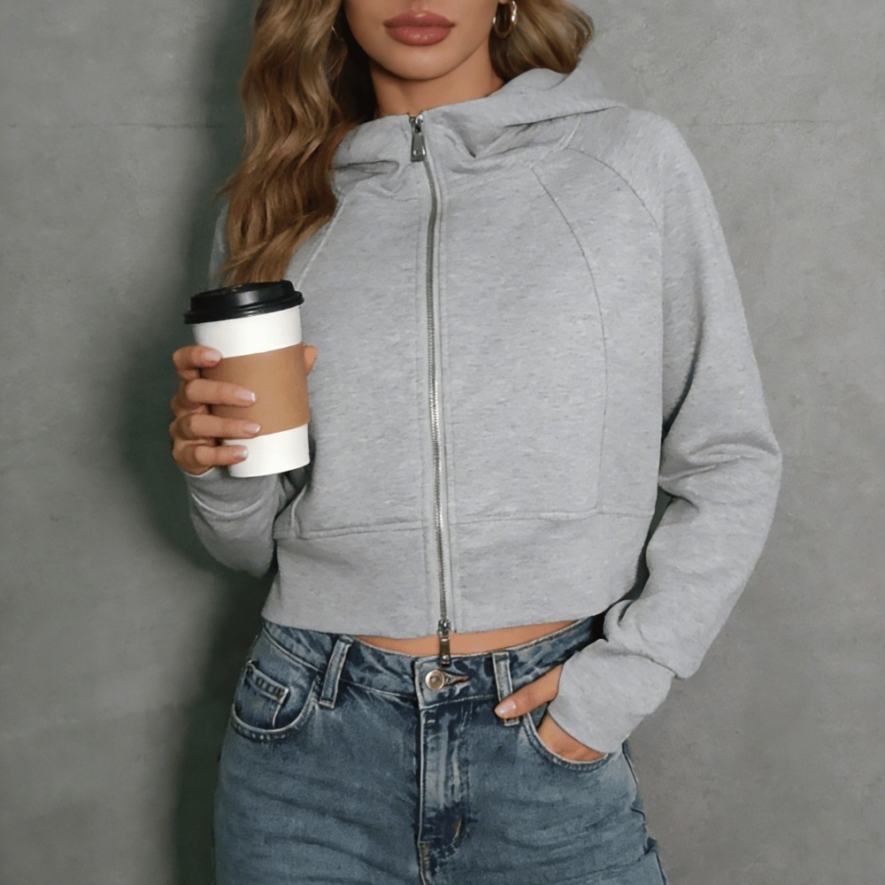 Retro Double Zip Hooded Fleece Lined Sweatshirt Short Cardigan Jacket - Image 9