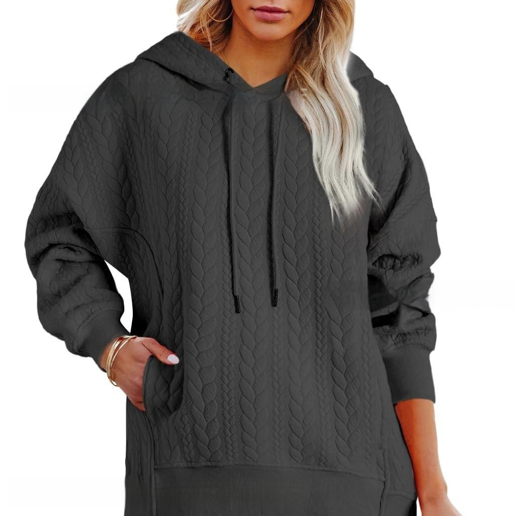 Women's Solid Color Casual Hoodie With Cable Knit Texture - Image 7