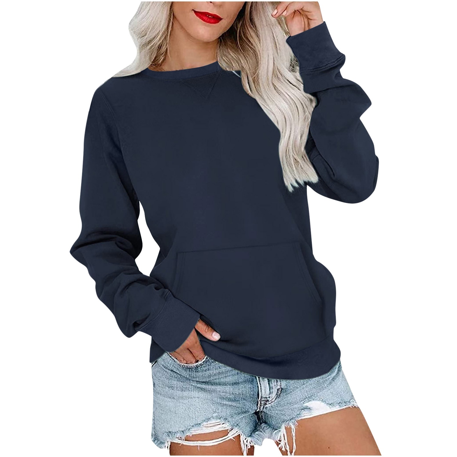 Women's Pin Solid Color Round Neck Loose Long-sleeved Sweater - Image 6
