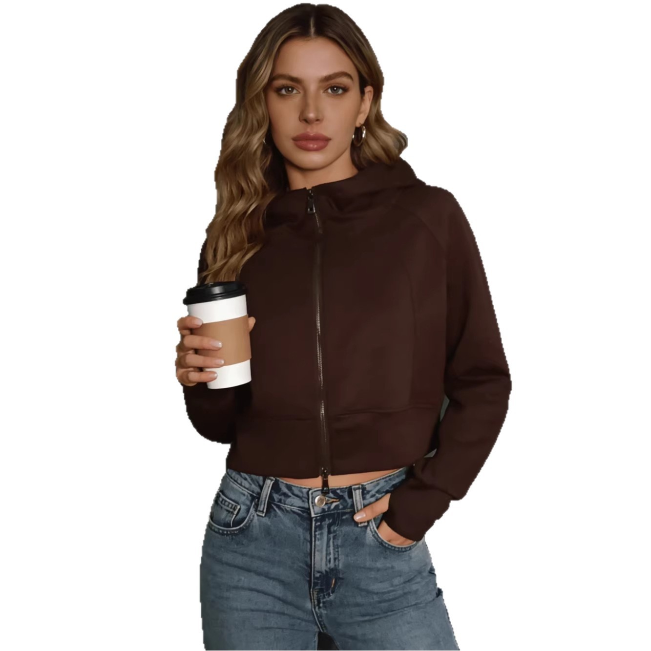 Retro Double Zip Hooded Fleece Lined Sweatshirt Short Cardigan Jacket - Image 4
