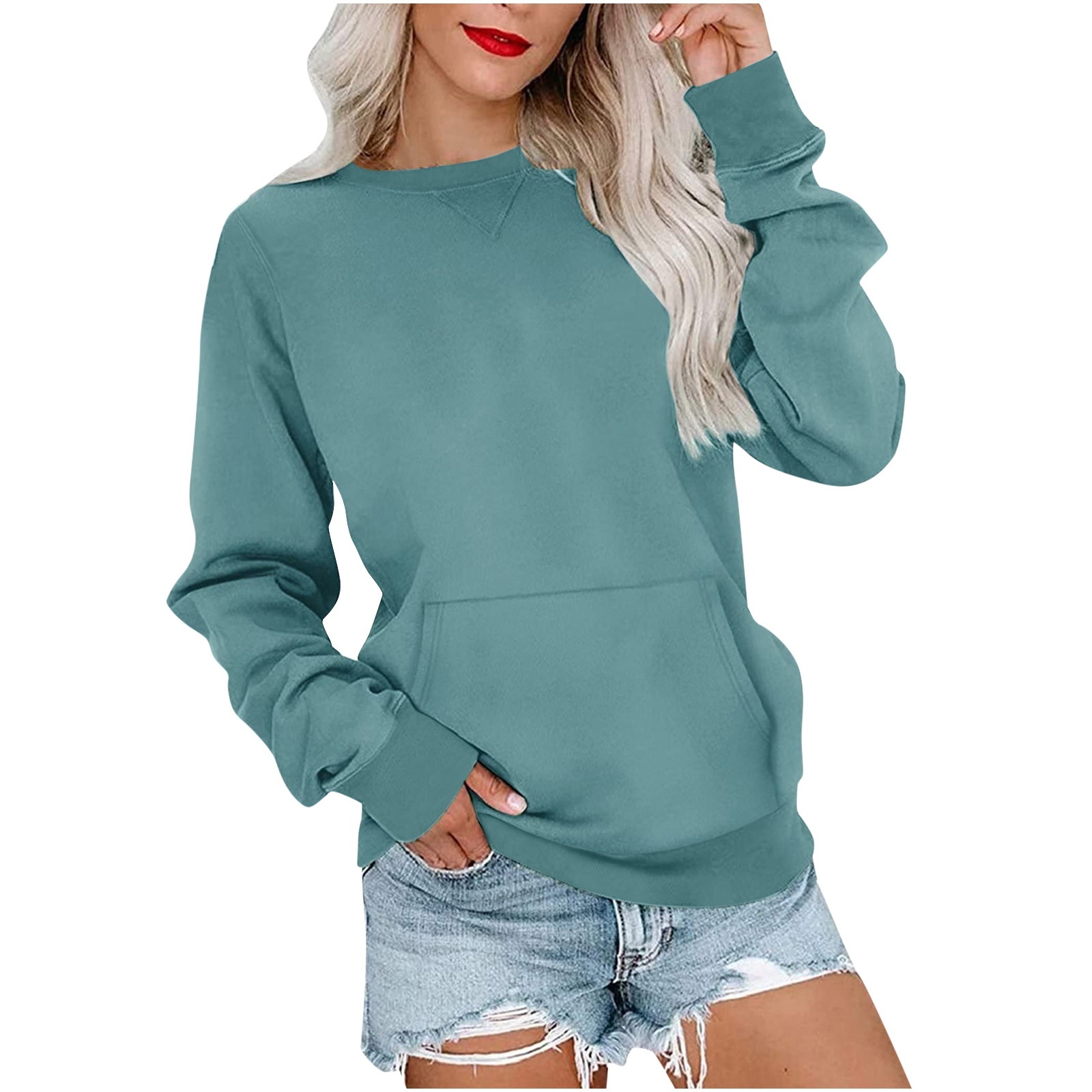 Women's Pin Solid Color Round Neck Loose Long-sleeved Sweater - Image 5