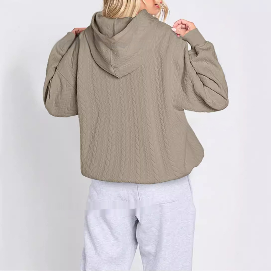 Women's Solid Color Casual Hoodie With Cable Knit Texture - Image 4