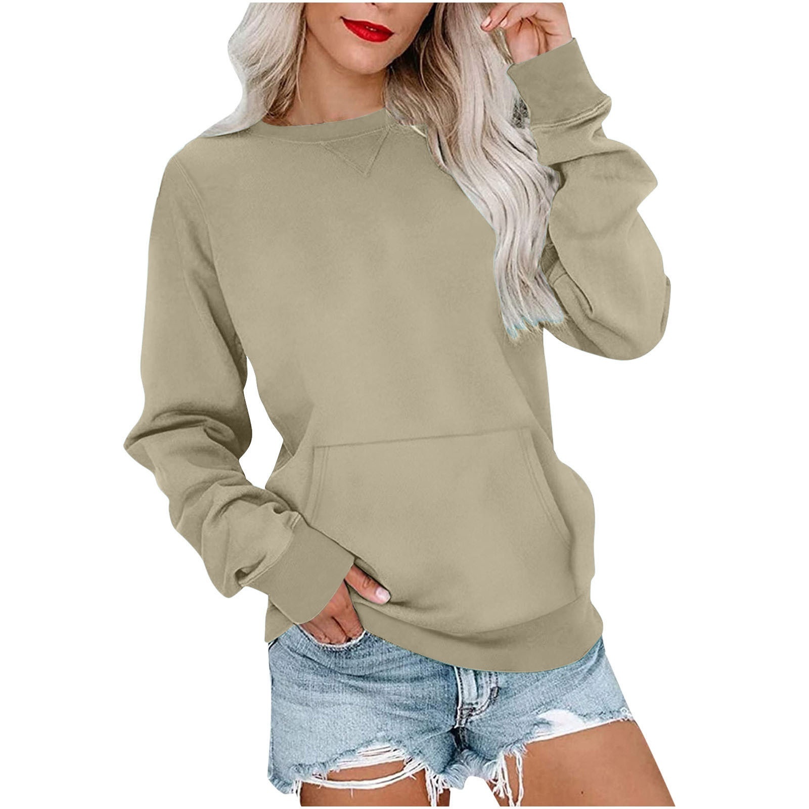 Women's Pin Solid Color Round Neck Loose Long-sleeved Sweater - Image 2