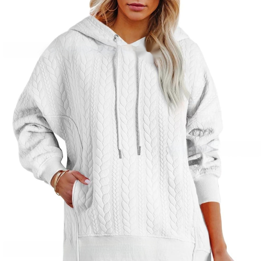 Women's Solid Color Casual Hoodie With Cable Knit Texture - Image 10