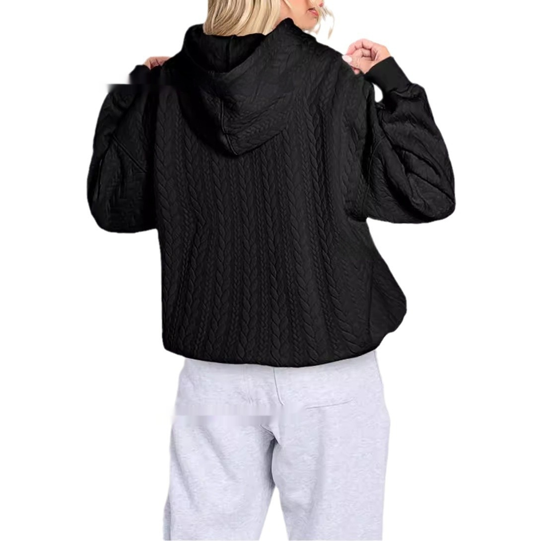 Women's Solid Color Casual Hoodie With Cable Knit Texture - Image 5