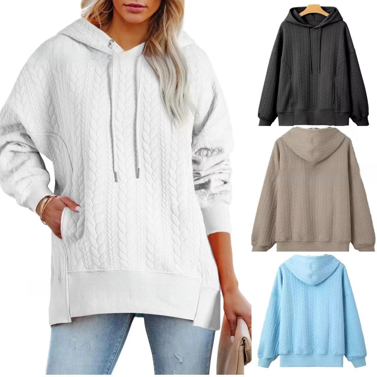 Women's Solid Color Casual Hoodie With Cable Knit Texture