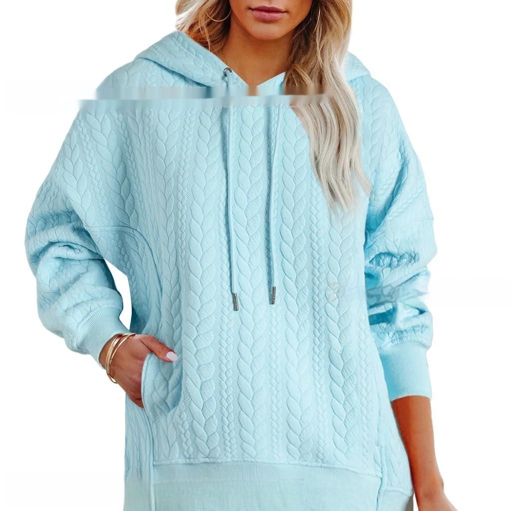 Women's Solid Color Casual Hoodie With Cable Knit Texture - Image 8