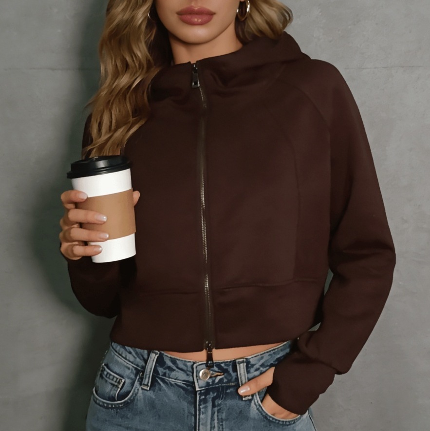 Retro Double Zip Hooded Fleece Lined Sweatshirt Short Cardigan Jacket - Image 6