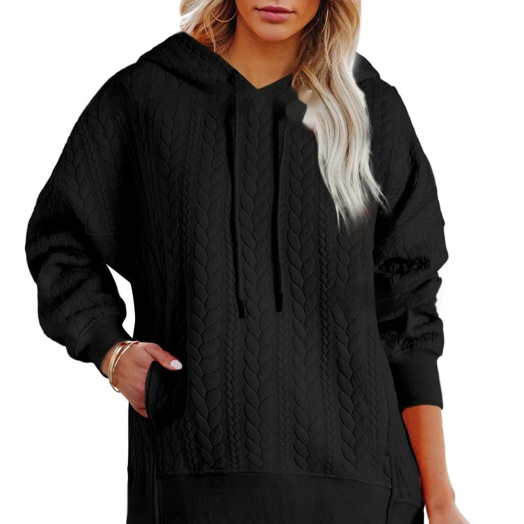Women's Solid Color Casual Hoodie With Cable Knit Texture - Image 6