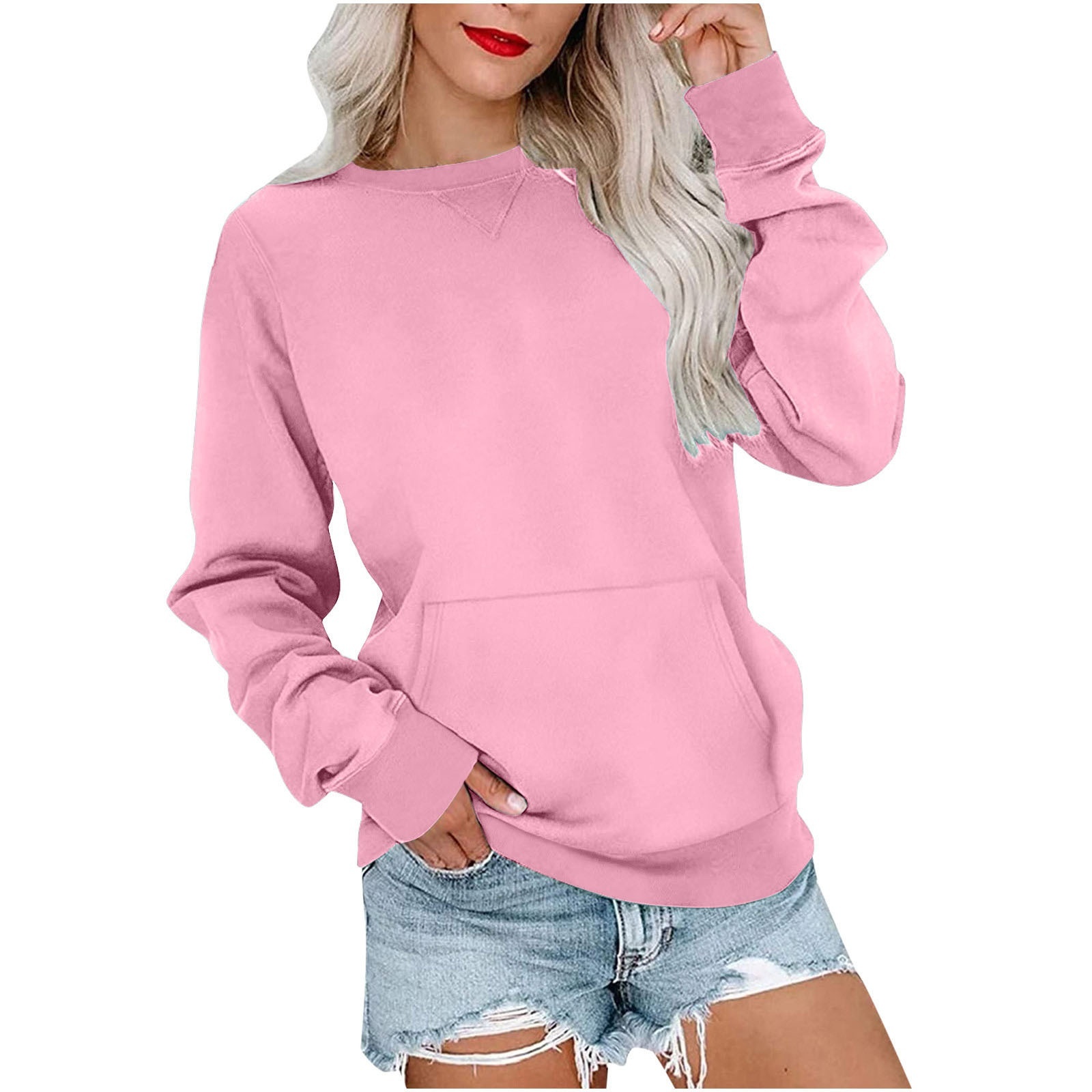Women's Pin Solid Color Round Neck Loose Long-sleeved Sweater - Image 3