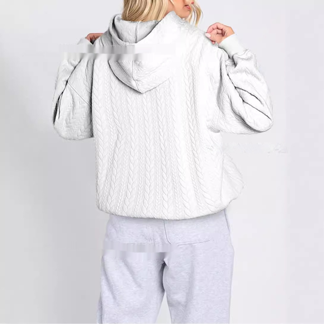 Women's Solid Color Casual Hoodie With Cable Knit Texture - Image 2