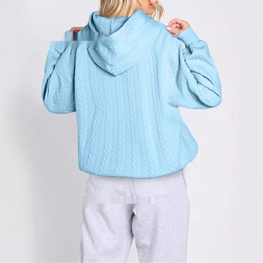 Women's Solid Color Casual Hoodie With Cable Knit Texture - Image 3
