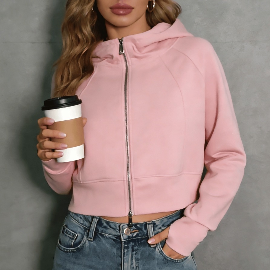 Retro Double Zip Hooded Fleece Lined Sweatshirt Short Cardigan Jacket - Image 8