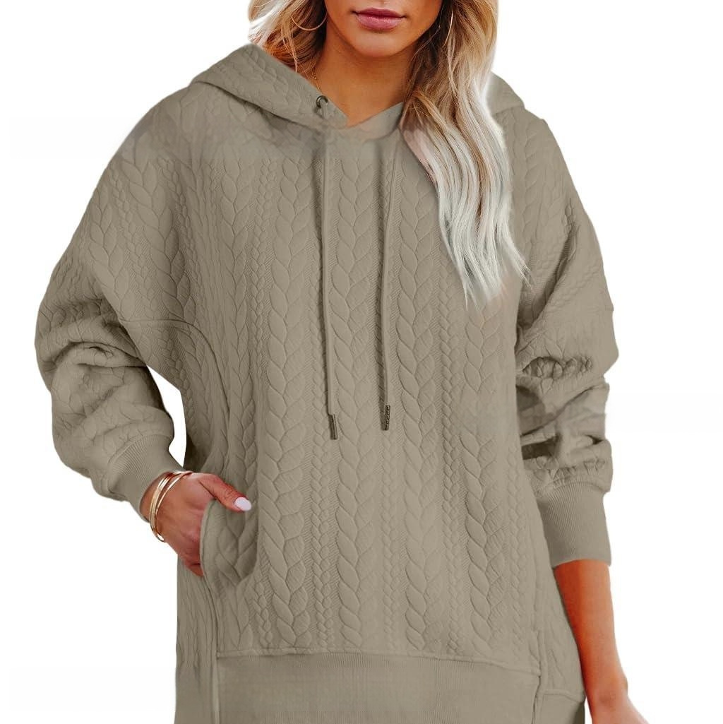 Women's Solid Color Casual Hoodie With Cable Knit Texture - Image 9