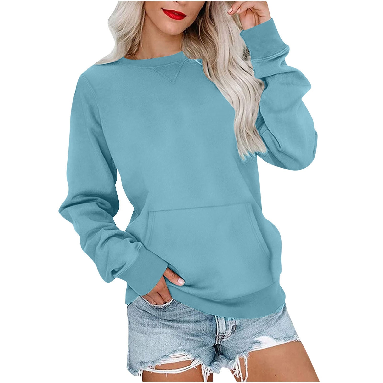 Women's Pin Solid Color Round Neck Loose Long-sleeved Sweater - Image 4