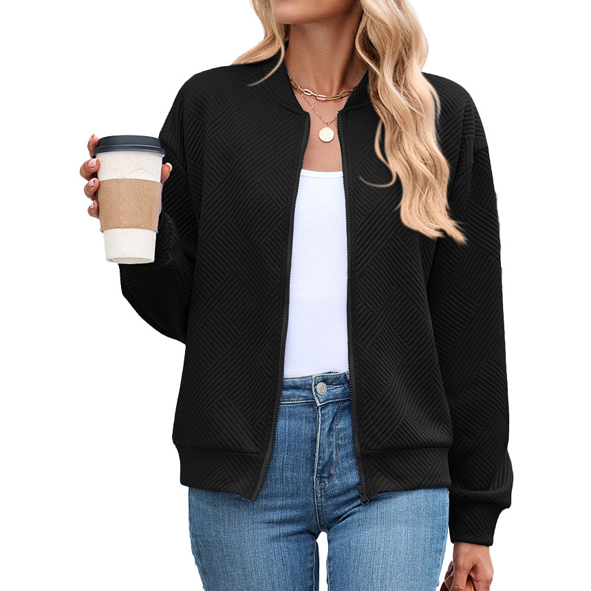 Solid-color Crew-neck Zip-up Loose-fitting Long-sleeve Jacket - Image 6