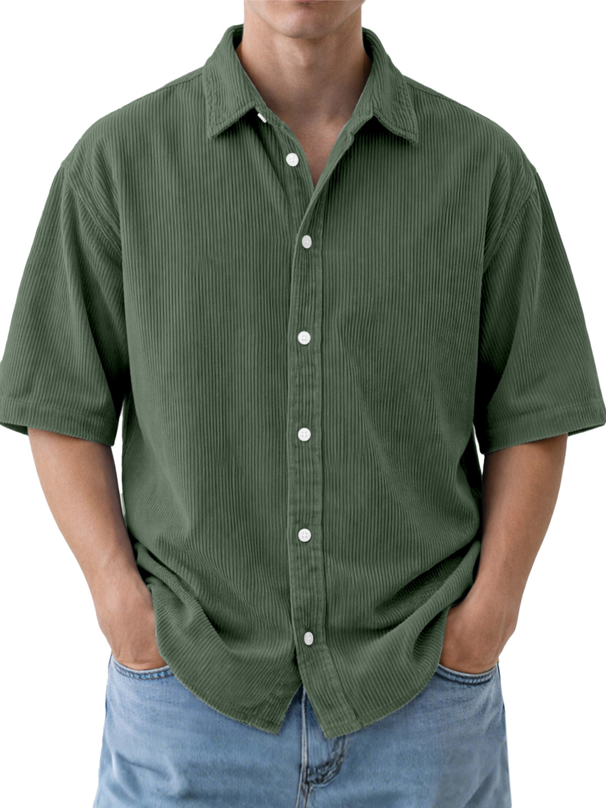 Mens Loose-Fit Solid-Color Corduroy Short-Sleeve Shirt - Image 7