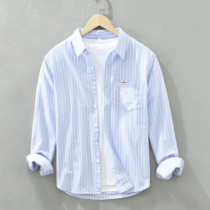 Simple Versatile Striped Oxford-cloth Long-sleeve Mens Casual Loose-fit Cotton Shirt - Image 9