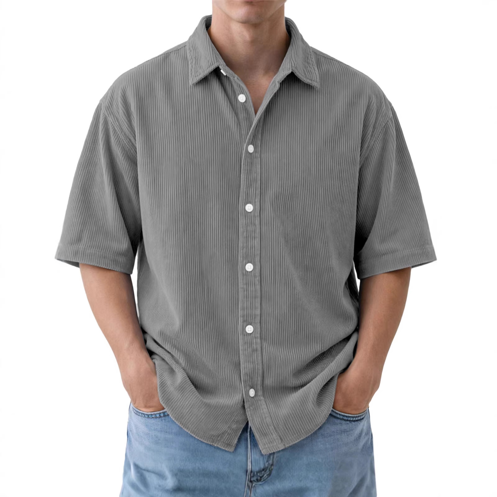 Mens Loose-Fit Solid-Color Corduroy Short-Sleeve Shirt - Image 3