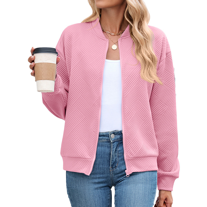 Solid-color Crew-neck Zip-up Loose-fitting Long-sleeve Jacket - Image 2