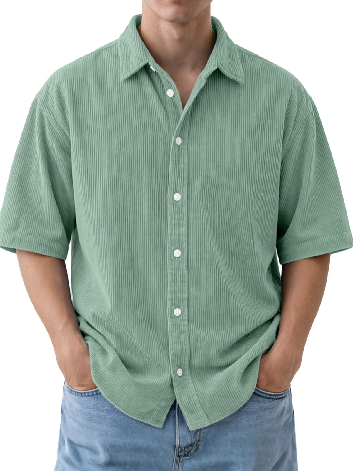 Mens Loose-Fit Solid-Color Corduroy Short-Sleeve Shirt - Image 6