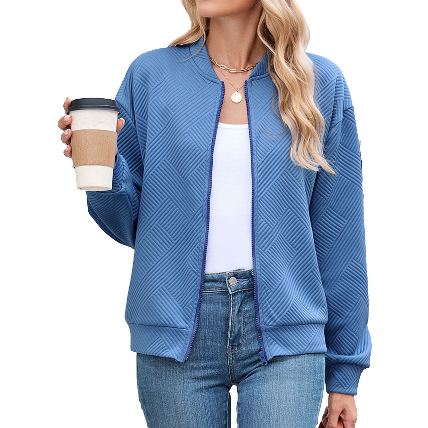Solid-color Crew-neck Zip-up Loose-fitting Long-sleeve Jacket - Image 9