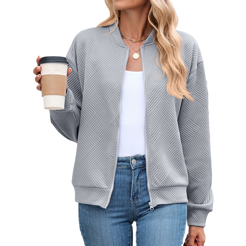Solid-color Crew-neck Zip-up Loose-fitting Long-sleeve Jacket - Image 8