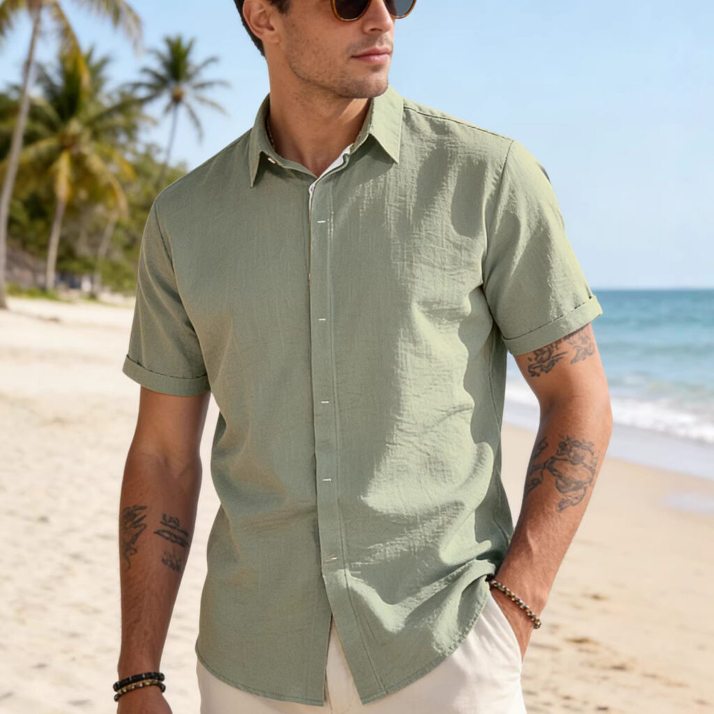 Mens Solid-color Short-sleeve Lapel Shirt