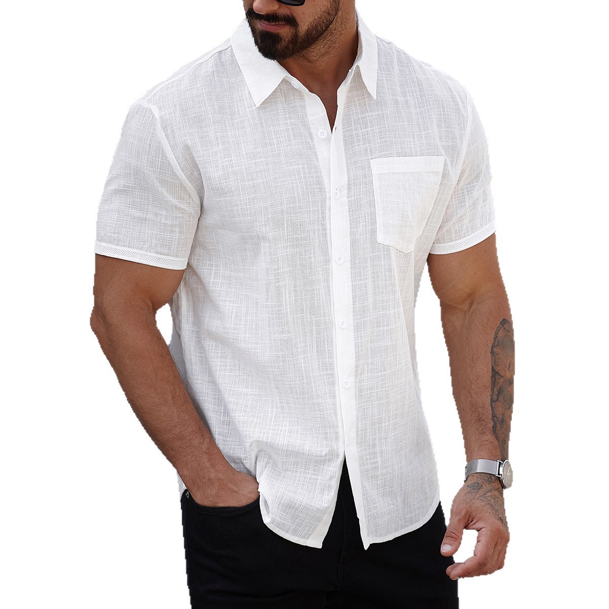 Mens Short-sleeve Cotton Shirt With A Pocket - Image 4