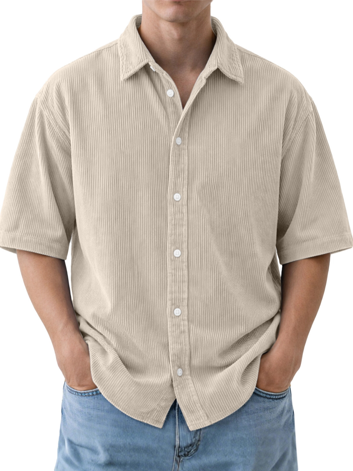 Mens Loose-Fit Solid-Color Corduroy Short-Sleeve Shirt - Image 5
