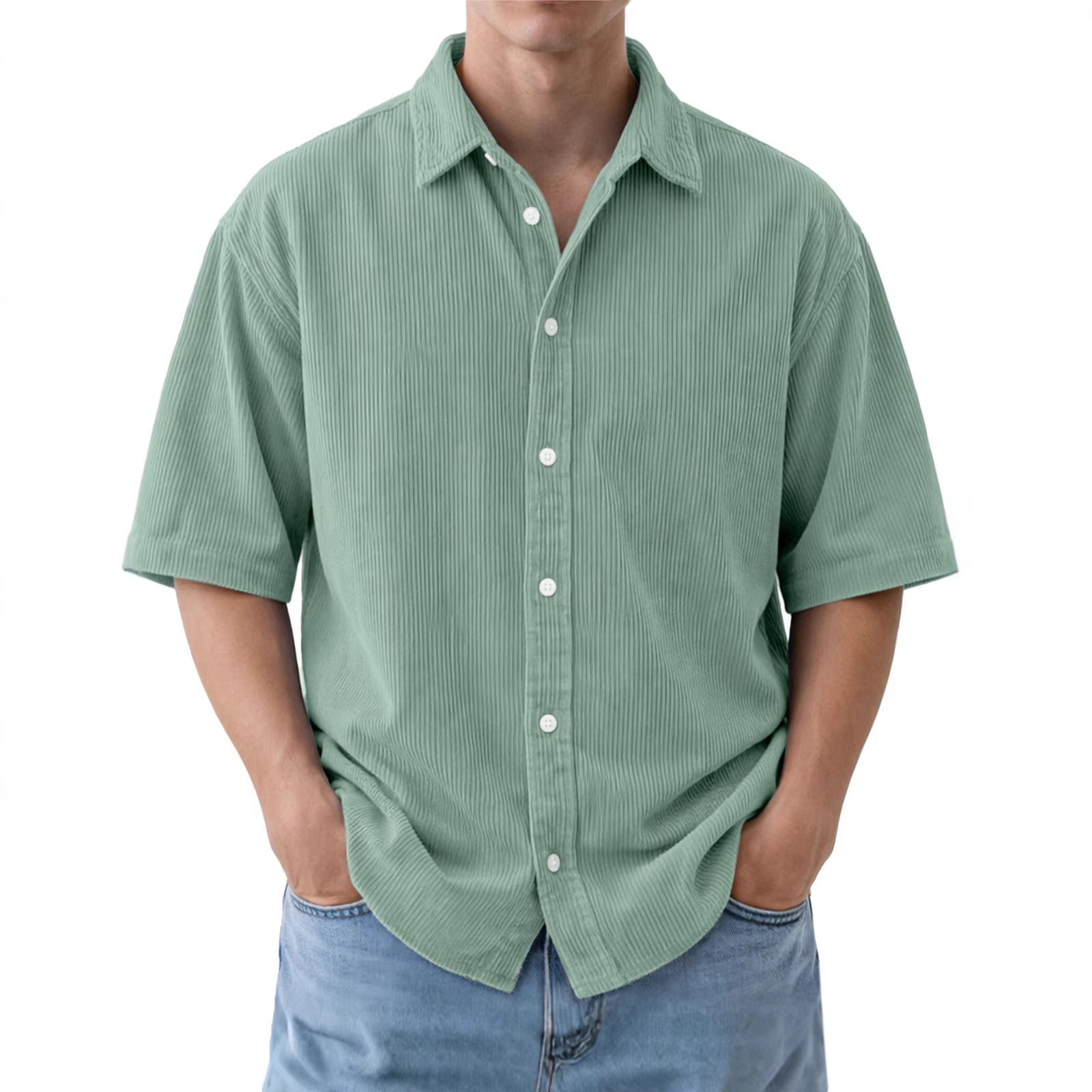 Mens Loose-Fit Solid-Color Corduroy Short-Sleeve Shirt - Image 9