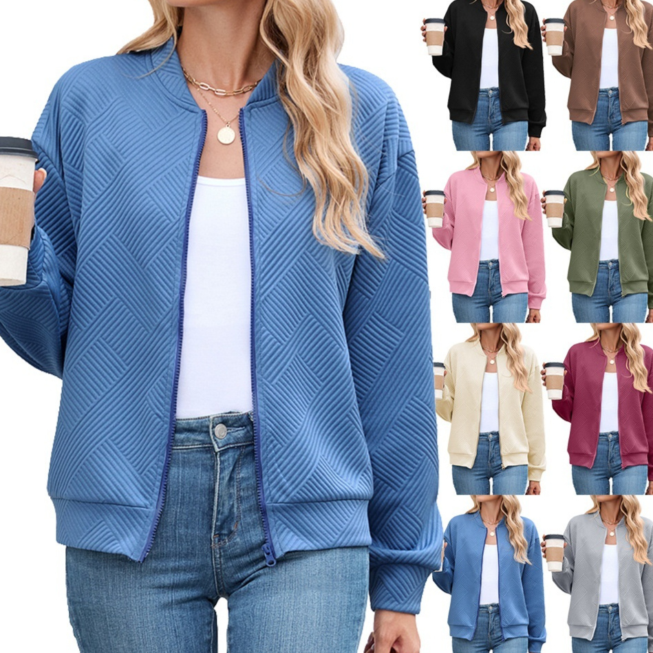 Solid-color Crew-neck Zip-up Loose-fitting Long-sleeve Jacket