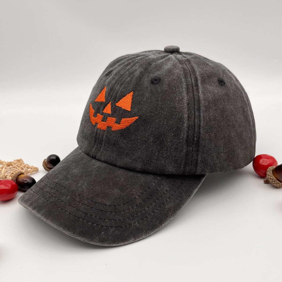 Washed Cotton Men's And Women's Casual Halloween Embroidery Pumpkin Smiley Baseball Cap - Image 6