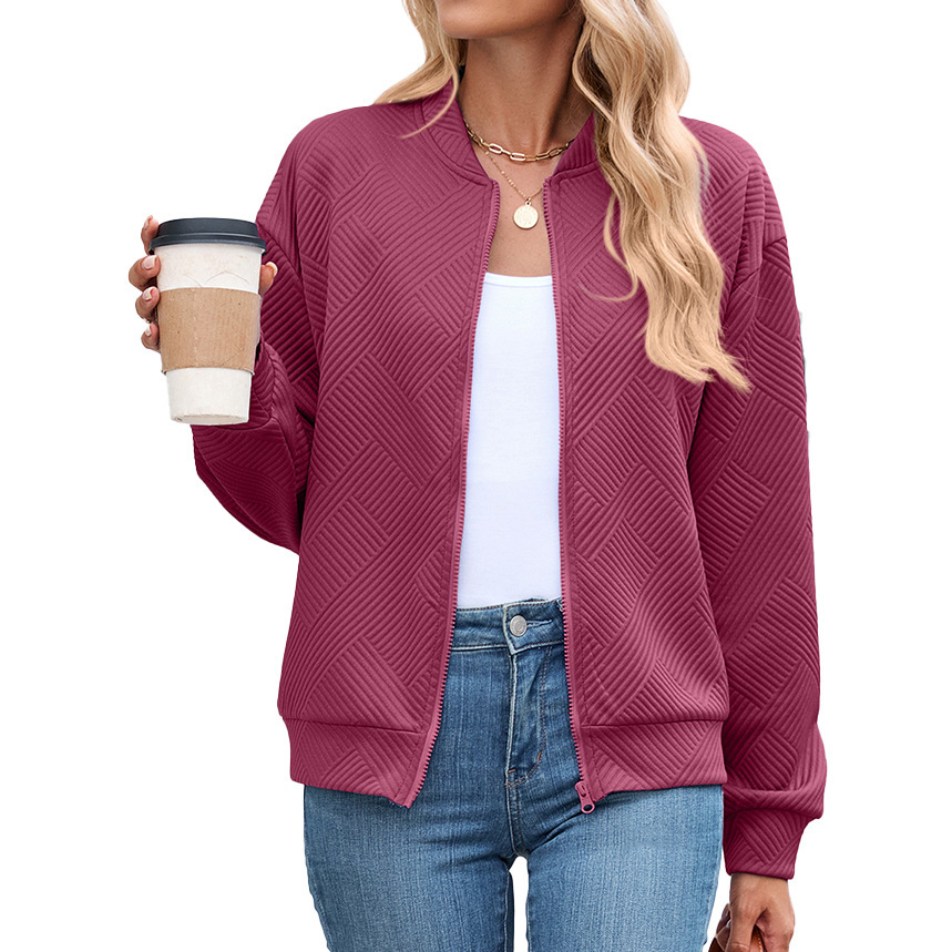 Solid-color Crew-neck Zip-up Loose-fitting Long-sleeve Jacket - Image 7