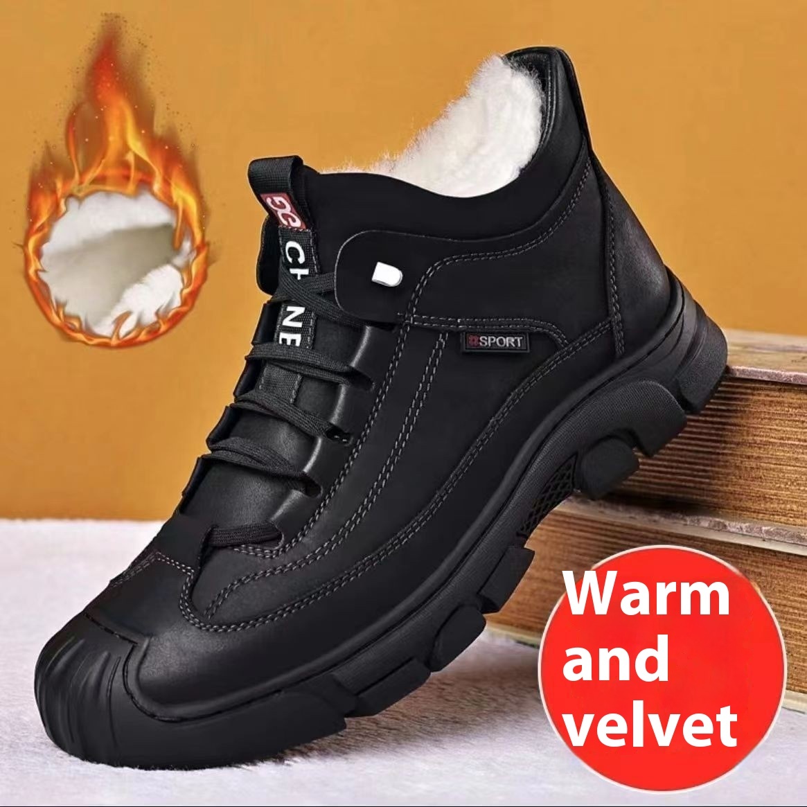 Winter Fleece-lined Thick High Waist Casual Cotton-padded Shoes Men's Hiking Shoes - Image 7