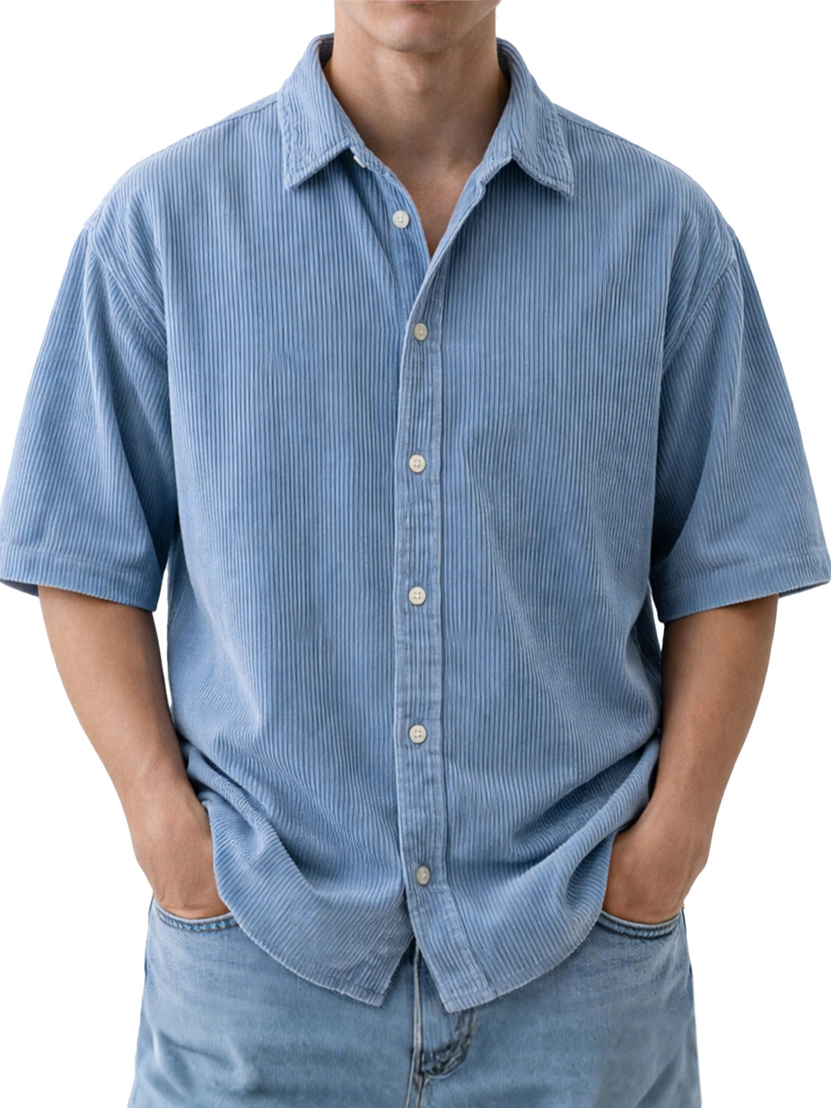 Mens Loose-Fit Solid-Color Corduroy Short-Sleeve Shirt - Image 4