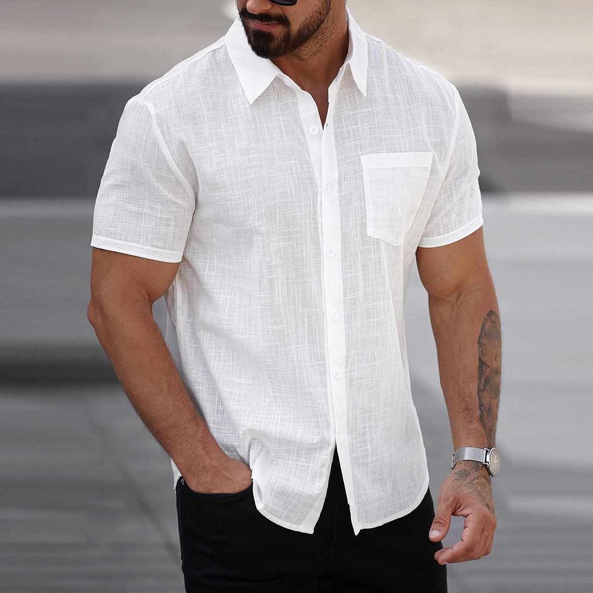 Mens Short-sleeve Cotton Shirt With A Pocket