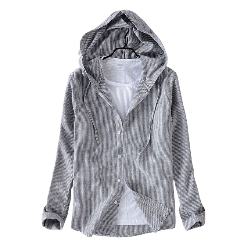 Mens Long Sleeve Shirt A Loose Fitting Striped Hoodie Style Shirt Or Jacket - Image 5